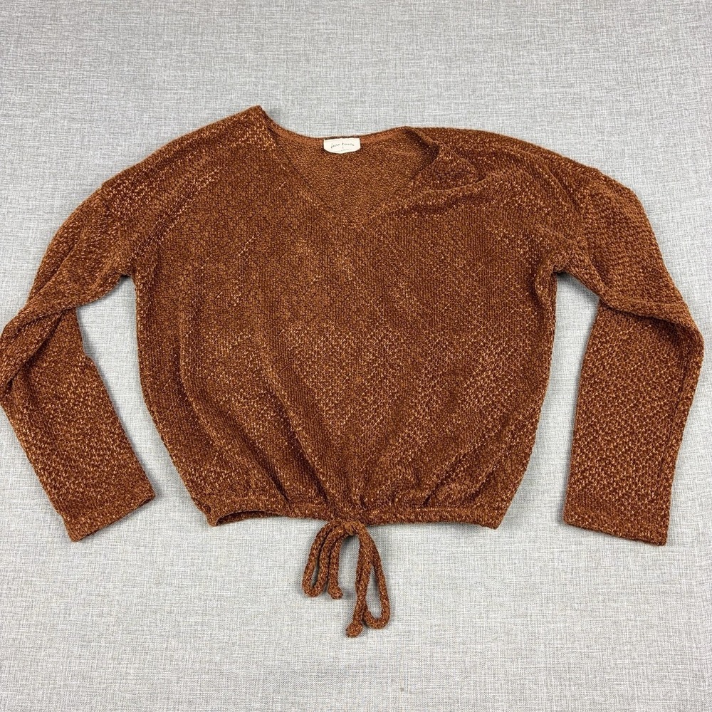 Free‎ Kisses Sweater Womens Small Brown V Neck Drawstring Hem Knit Pullover